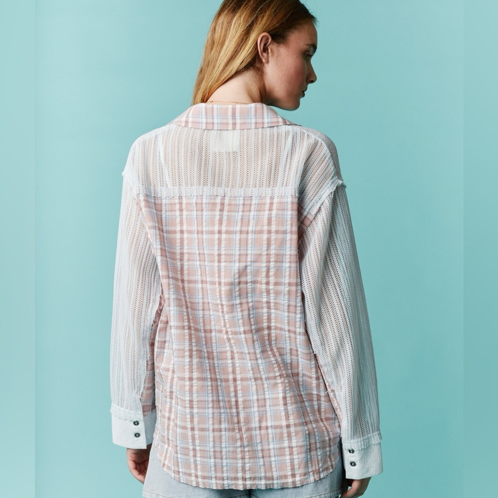 NIP Fantastic Fawn “Sky Blue🩵Blush💗Mixed Media Lace/Plaid Button-Up Shirt” LRG - Picture 6 of 16